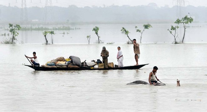 A mahout moves an elephant to higher ground as villagers paddle with their belongings through flood waters in the Pobitora Wildlife Sanctuary, some 55 km from Guwahati, the capital city of Assam, India on June 28, 2012. Source: http://photoblog.nbcnews.com/_news/2012/06/29/12478381-india-floods-displace-more-than-850000?lite