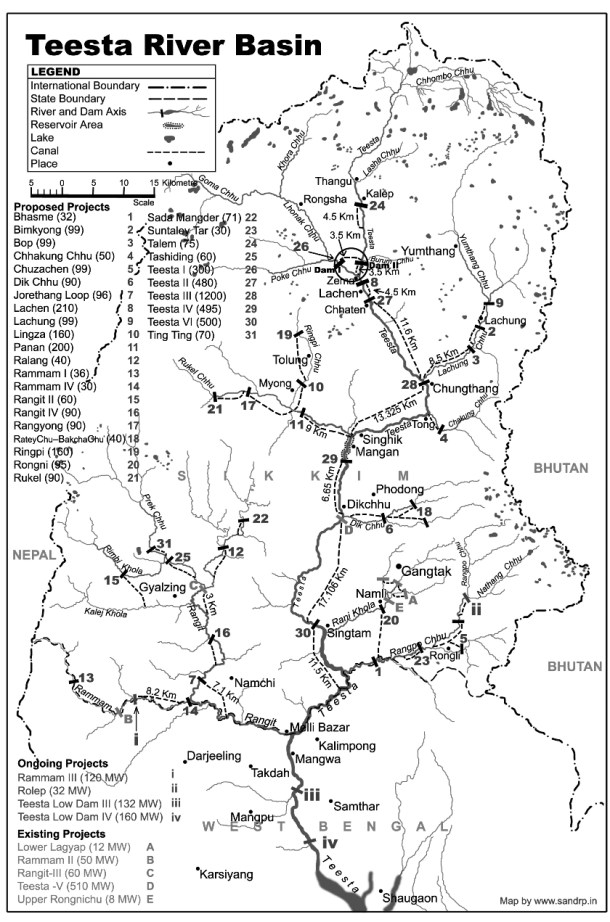Dams underconstruction and planning in Teesta Basin, Sikkim. Map by SANDRP