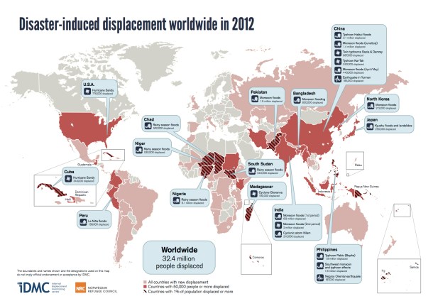 Disaster-induced Displacement Worldwide in 2012  Source: http://idmcnrc.files.wordpress.com/2013/05/world-map-global-estimates-2012.jpg 