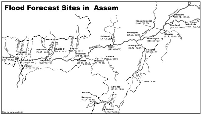 Map of Flood Forecasting Sites in Assam prepared by SANDRP