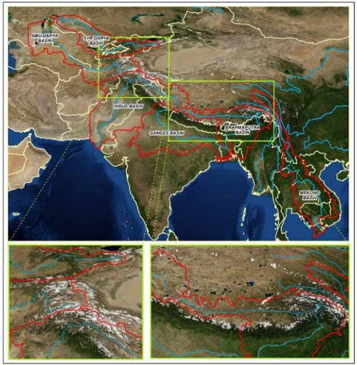Map from the report showing the boundaries of the study basins (red line), state borders (light yellow line) and snow-covered high-altitude belts where glaciers are located (white spots