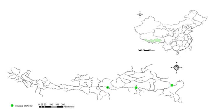 Three stations on Yarlung Zangbo - Nugesha, Yangcun and Nuxia (the green spots in the map represent these station)[iv] 