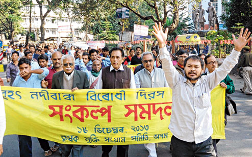 KMSS president Akhil Gogoi with other members take out a procession in Guwahati on 16th December, 2013.  Picture by UB Photos