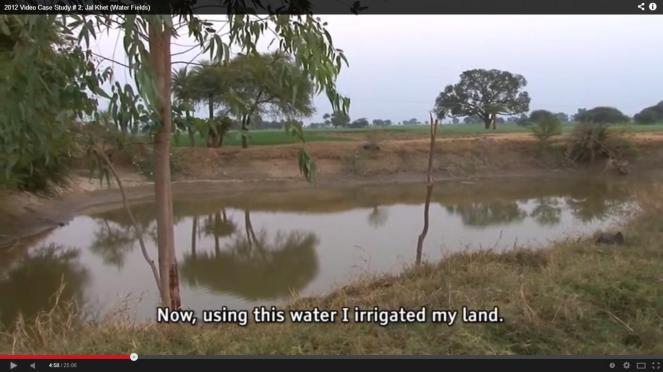 A screenshot from film Jal Khet showing a rainwater harvesting structure in a village in Dewas district in Malwa