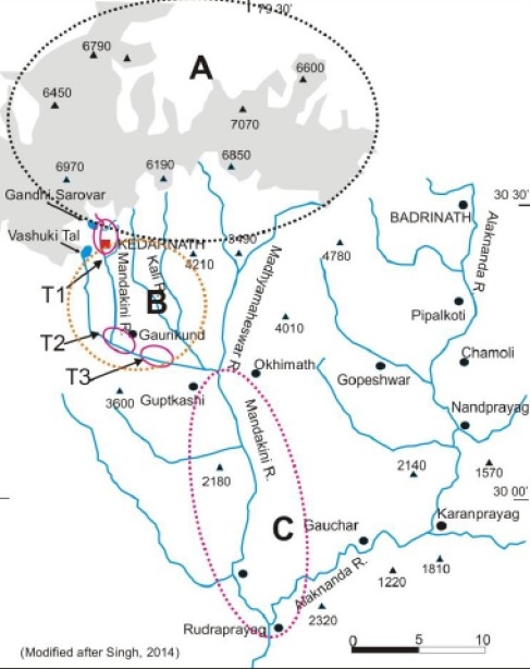 Map of Mandakini Valley, epicenter of Uttarakhand floods of June 2014 (Source: EB report)
