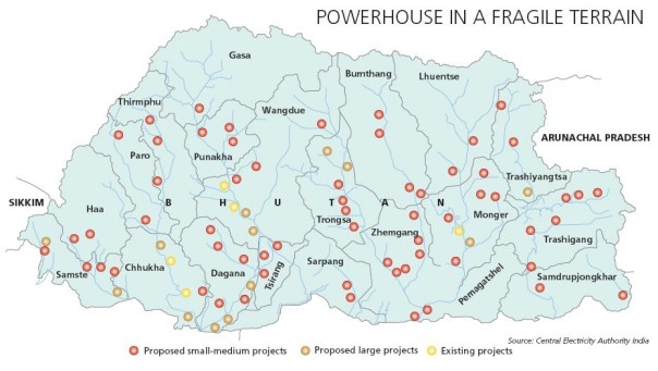 Planned, underconstruction and commissioned hydropower projects may cover all the river systems in Bhutan. Photo: Down to Earth from CEA