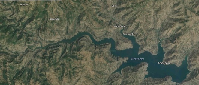 Google map showing Dimbhe Dam and location of Malin village close to the backwaters