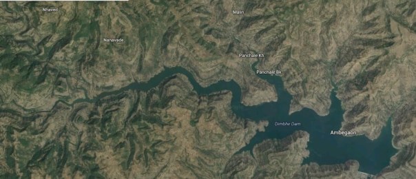 Google map showing Dimbhe Dam and location of Malin village close to the backwaters