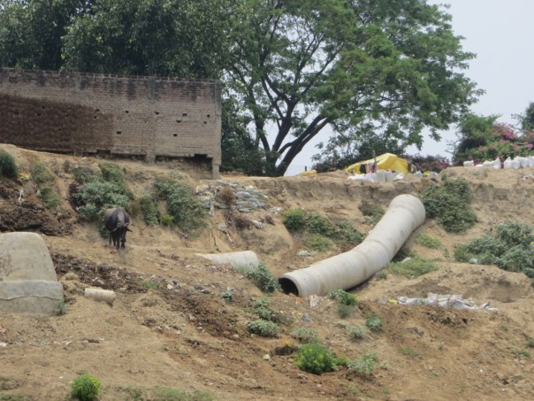 Sewage pipeline damaged by the flood of June 2013 but not repaired. When it was built, it was the pipeline to nowhere. There was no treatment plant constructed at its terminus in Ramana Village along the river bank and upstream of the Nagwa drain