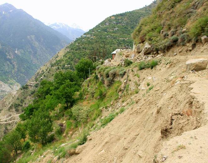 Landslide just above the tunnel of Karcham Wangtoo project at Rangle. This was also activated lst year during the monsoons