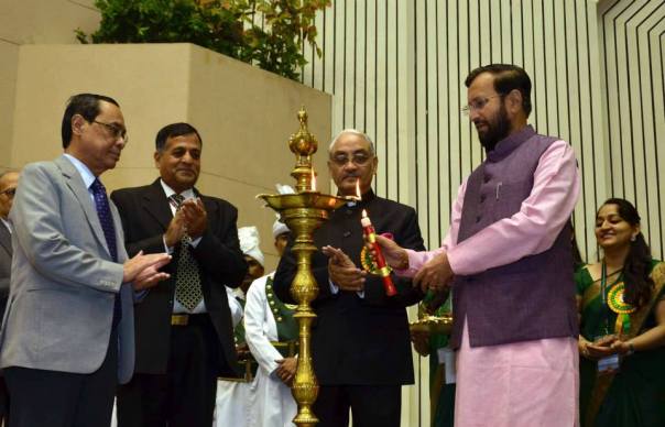 The Minister of State for Environment, Forests and Climate Change (I/C), Shri Prakash Javadekar lighting the lamp at the 4th Foundation Day function of the National Green Tribunal, in New Delhi on October 18, 2014. The Secretary, Environment, Forests and Climate Change, Shri Ashok Lavasa and the Judge, Supreme Court of India, Mr. Justice Ranjan Gogoi are also seen (Source: FB page of I&B Ministry)