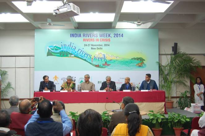 Dignitaries on the dias to give away the first Bhagirath Prayas Samman Photo: India Rivers Week