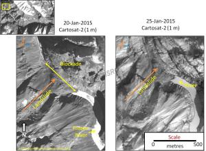 Comparative NRSC images of Phutkal Landslide dam for Jan 20 & 25, 2015