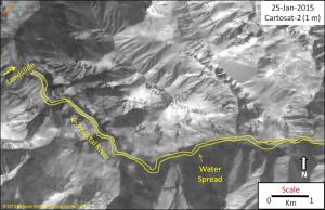 NRSC water accumulation image of Phutkal landslide dam of 25 Jan 2015, showing much longer reservoir behind the dam compared to the previous Jan 20 2015 image