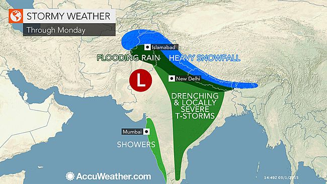 Accuweather image predicting rain, snow and thunder in early spring in India