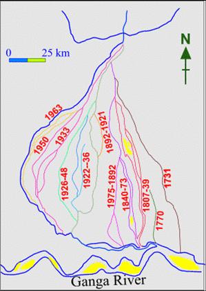 Map showing how the Kosi RIver has been changing course over the years - Source: Internet