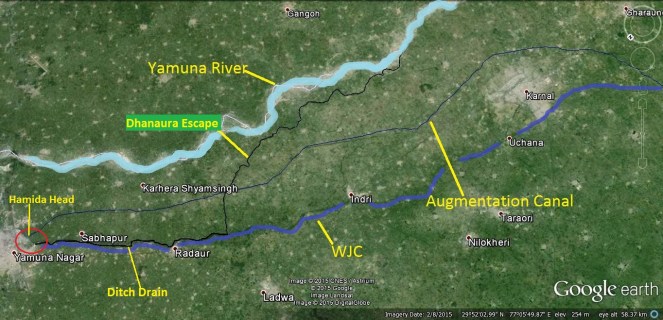 Dhanaura Escape (Black Line, it also carries effluents brought by Ditch drain, which is not visible on this map) & Augmentation Canal (Blue Line) polluted and potable water in different directions, both ultimately reach Delhi