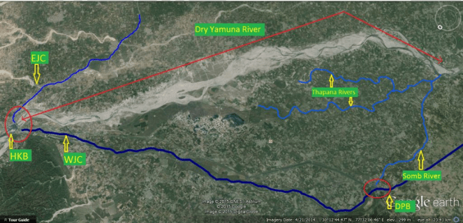 Dry Yamuna River (21 April 2014 exactly one year back) Downstream HKB, Somb and Thapana reviving it downstream Dadupur Barrage
