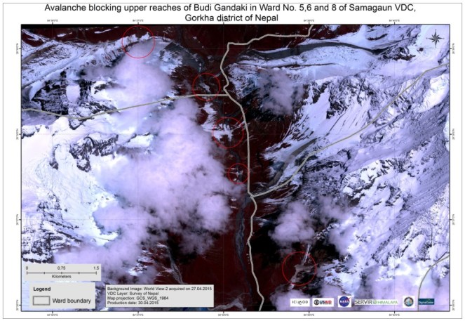 Avalanche blocking upper reaches of Budi Gandaki in Ward No. 5, 5 and 8 of Samagaun VDC, Gorkha district