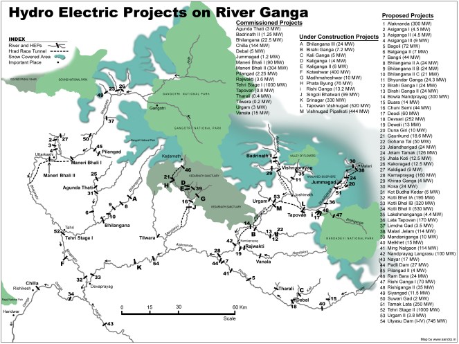 HEPs on Ganga- Bhagirathi and Alaknanda  (SANDRP map)