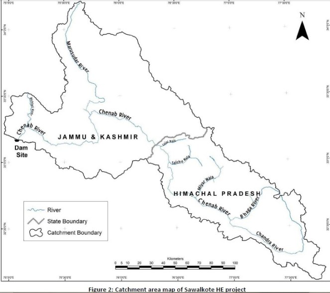 Outline Map of Chenab basin upstream from proposed Sawalkote HEP