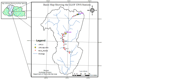 Map showing the Early Warning System sites along Punakha