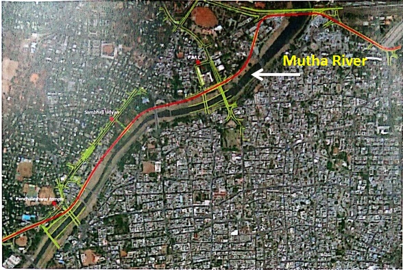 Proposed Metro alignment passing through Mutha riverbed (Source: Report of Technical Support Group on Biodiversity of PMC)