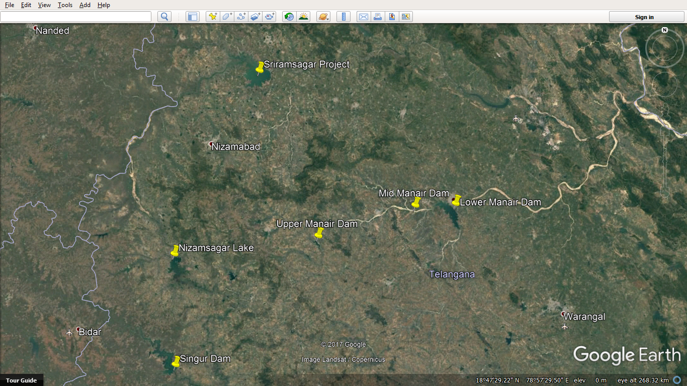 Telangana water diversioin from NSP to SRS google earth image