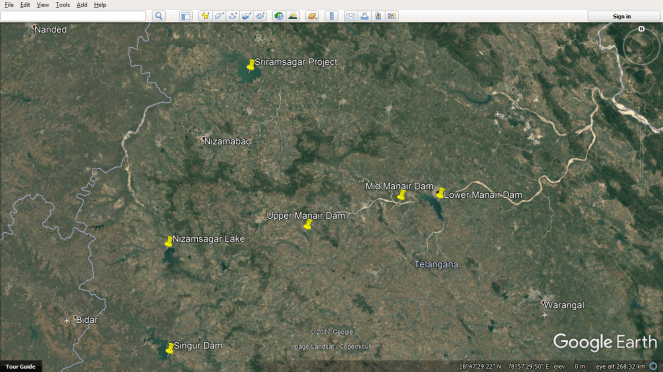 Telangana water diversioin from NSP to SRS google earth image