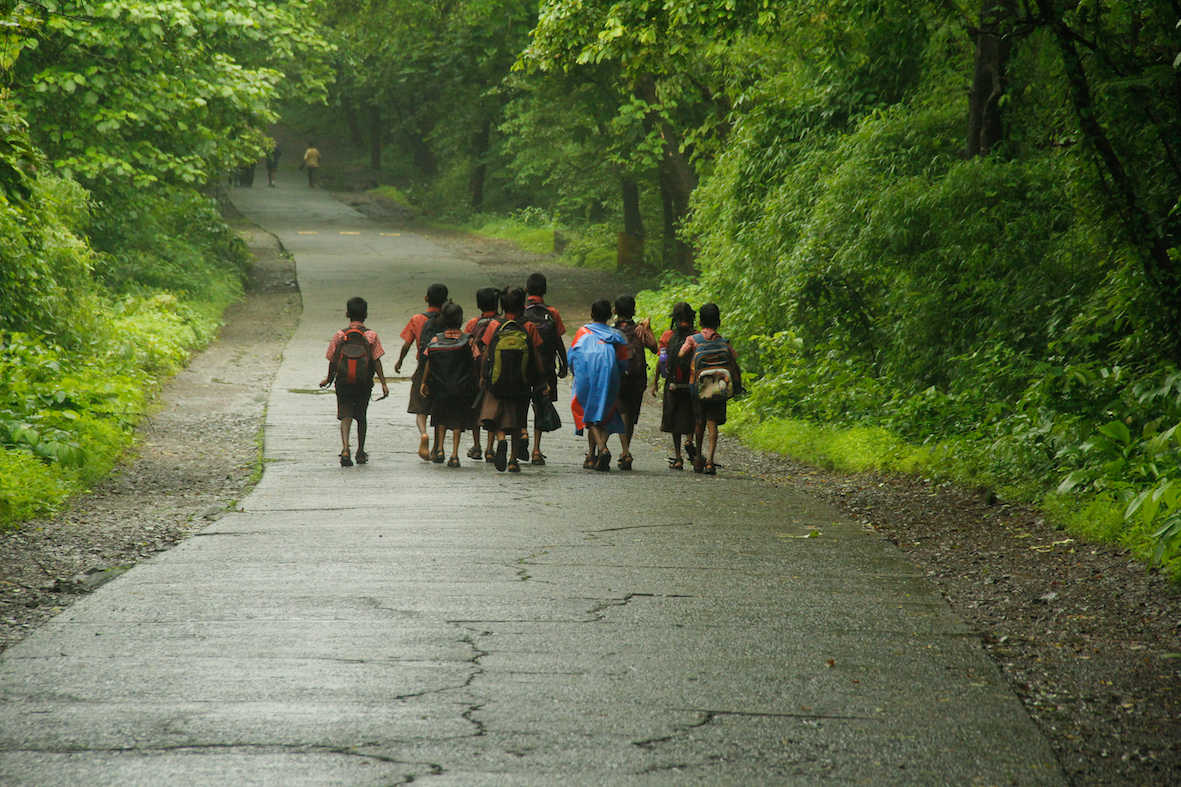 Dahisar River Group of Warli Children walking for school which is 7 km away Photo Aslam Saiyad