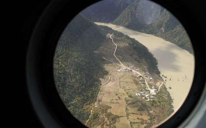 barrier lake formed in Tibet as a result of landslide, near a village in Menling County of Nyingtri City along the Yarlung Tsangpo river. Aerial Photo taken on Oct 18, 2018. (Photo court