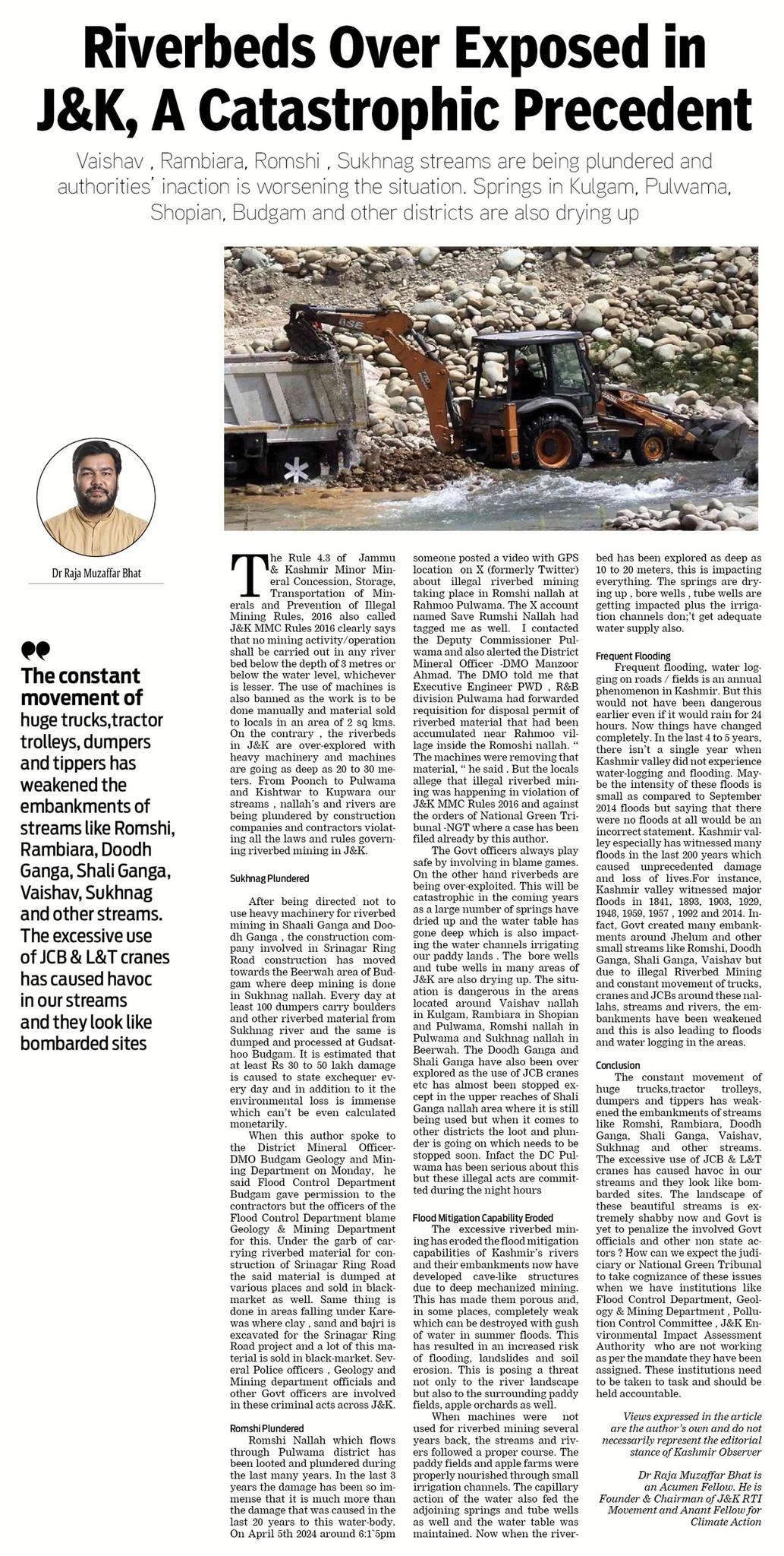 Unsustainable sand mining in Kashmir Rivers: Dr. Raja Muzaffar Bhat ...